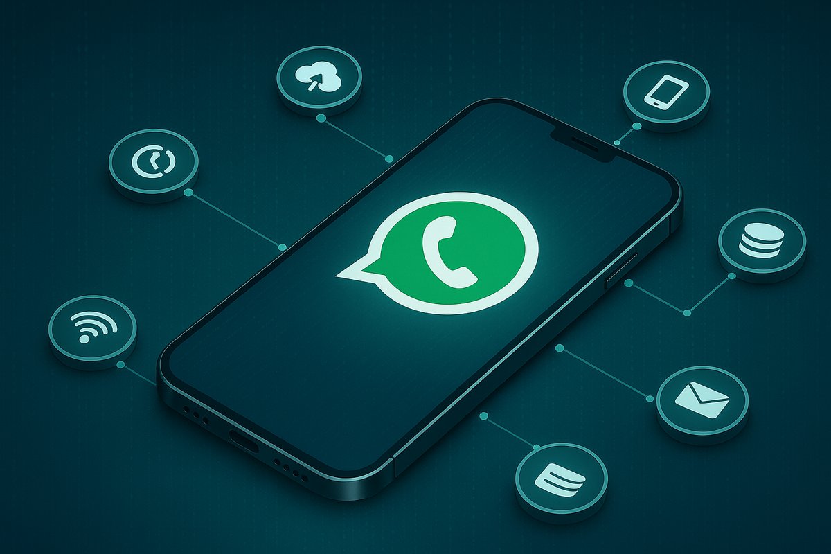 WhatsApp API integration concept showing a phone with WhatsApp logo connected to various services and APIs